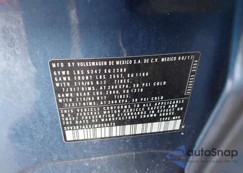 2018 Volkswagen Tiguan 2.0T Se/2.0T Sel z USA, uszkodzony, nr VIN 3VV3B7AX3JM033473